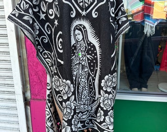 Sacred Elegance: Virgen María Mexican Unisex Jorongo Poncho Gaban Cape Ruana