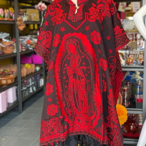 Sacred Elegance: Virgen María Mexican Unisex Jorongo Poncho Gaban Cape Ruana