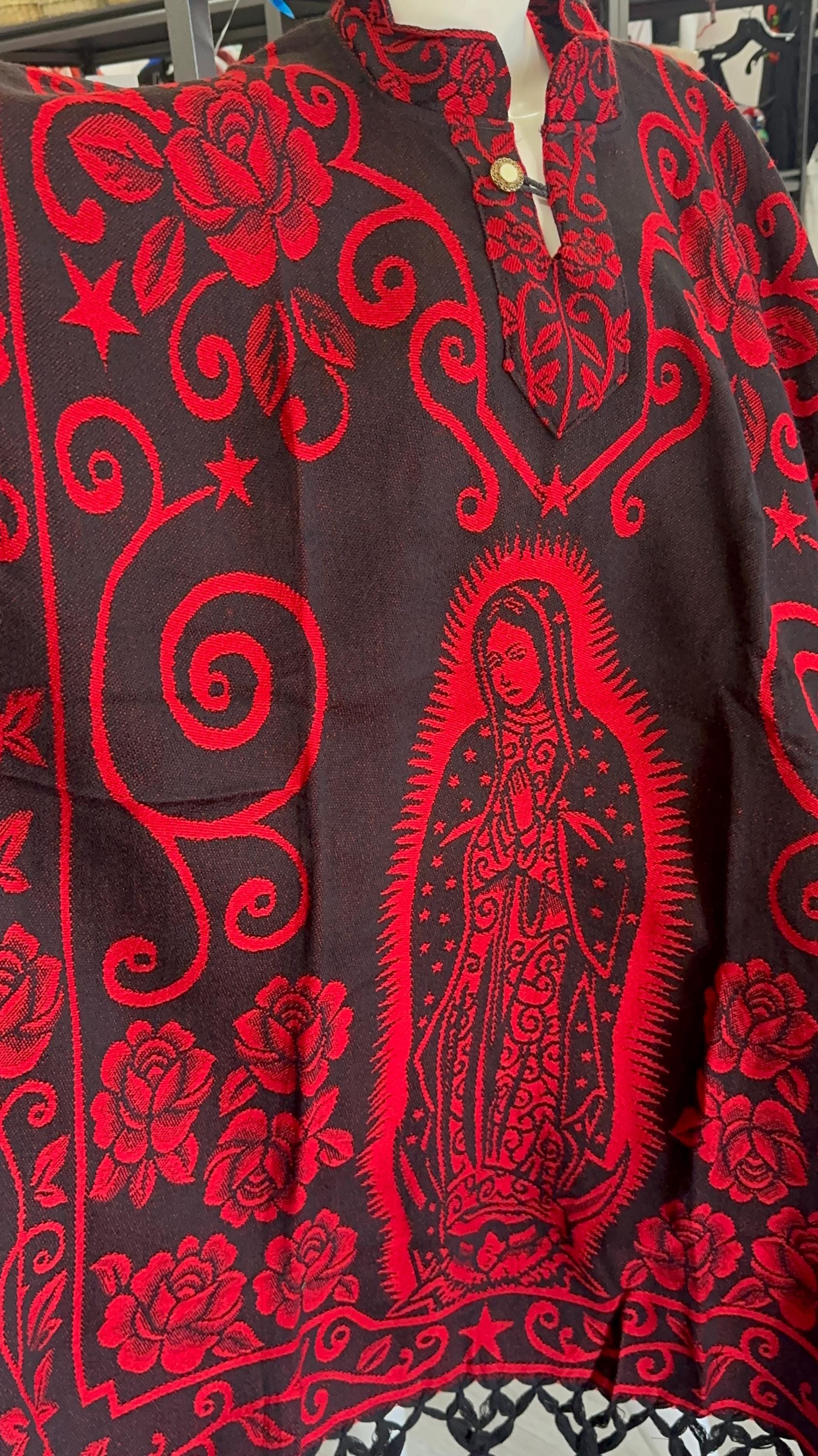 Sacred Elegance: Virgen María Mexican Unisex Jorongo Poncho Gaban Cape Ruana