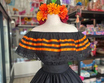 Falda Mexicana Vibrante del Día de los Muertos – Estilo de Arte Popular Hecho a Mano 3 piezas