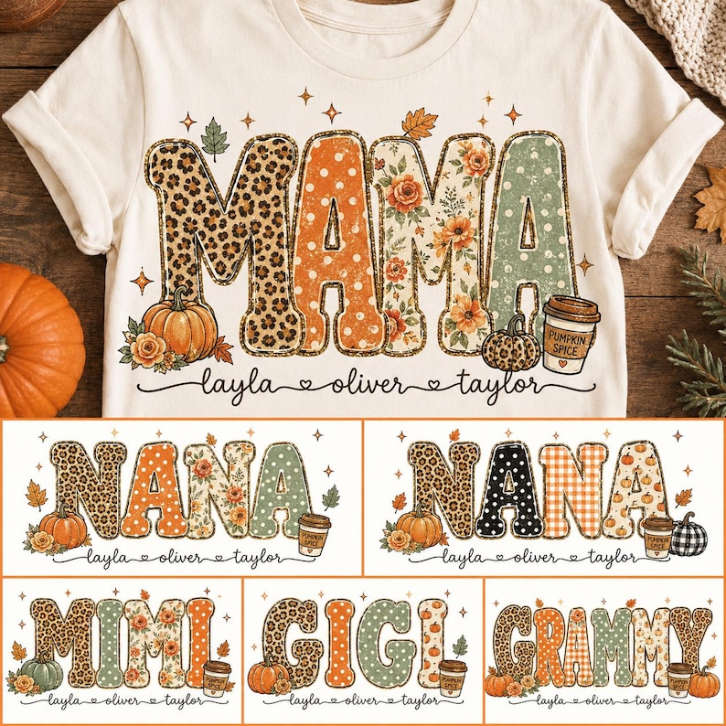 Personligt höstmamma PNG-paket, Nana Mimi Gigi Grammy-designer, leopardblommig pumpakrydda sublimering digital nedladdning bild 1