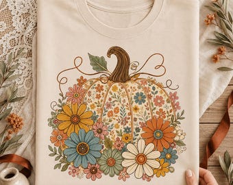 Blommig pumpa PNG, Boho höstpumpa, Retro höstprästkrage sublimering, Cottagecore Thanksgiving skjorta design