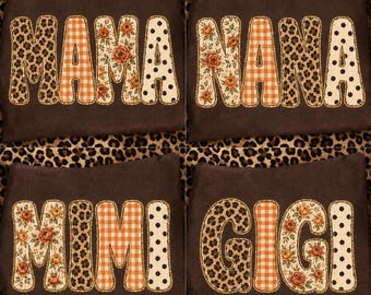 Höst Mama Nana Mimi Gigi Bundle PNG, Leopardblommig Gingham-familjeskjortadesign, Höstmormors sublimering nedladdning