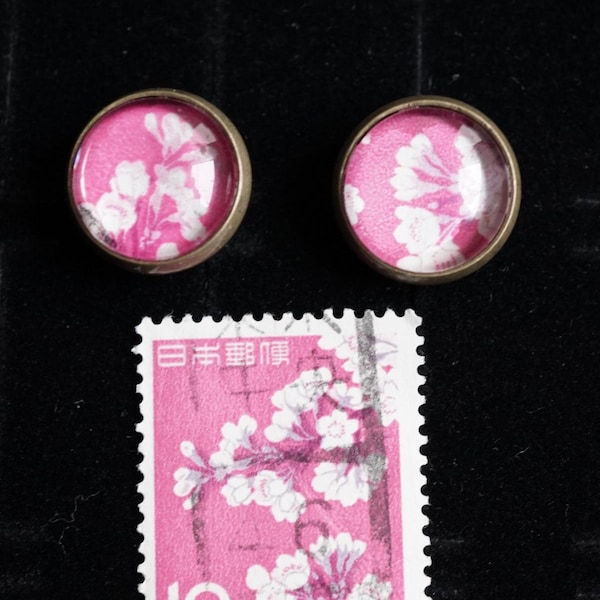 Upcycled stud earrings from stamp cherry blossom Hanami 12 mm