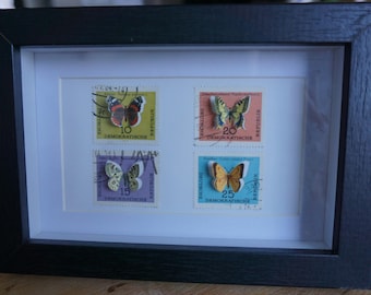 Upcycling butterfly box made from old postage stamps DDR Admiral, Schwalbenschwanz, Alpen-Apollo, Postillion