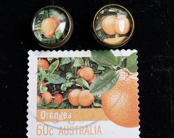 Upcycled stud earrings from stamp Orange 10 mm