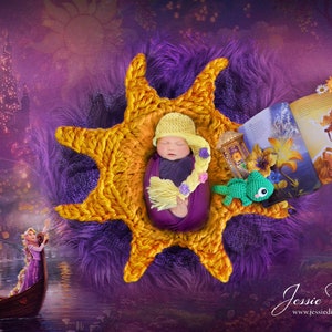 May include: A newborn baby is sleeping in a yellow crocheted sun-shaped prop, wearing a yellow crocheted hat and a long blonde braid. The baby is surrounded by purple fur and a green crocheted chameleon toy. A book with a picture of Rapunzel and Flynn Rider is open on the purple fur. The background is a purple and yellow scene from the movie Tangled.