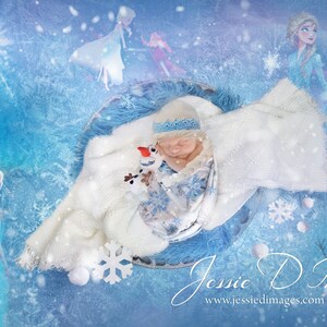 May include: A newborn baby girl sleeping in a white blanket with a blue and white Frozen themed outfit and a plush Olaf toy. The background is a blue and white winter scene with snowflakes and the characters Elsa and Anna from Frozen.