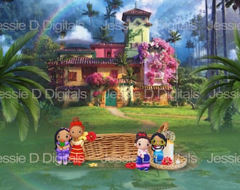 May include: Four crocheted dolls in various poses, sitting in front of a whimsical, colorful house with a rainbow in the sky. The dolls are wearing colorful dresses and have brown hair.