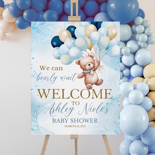 Editable Teddy bear welcome sign, Teddy bear balloon baby shower welcome sign, Bear sign baby shower- tb3