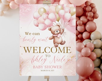 Editable Teddy bear welcome sign, Teddy bear balloon baby shower welcome sign, Bear sign baby shower- tb1