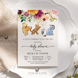 Winnie The Pooh Invitation, Fall Winnie The Pooh Baby Shower Invitations, Winnie The Pooh Invitations fall pumpkin Winnie baby shower-w38