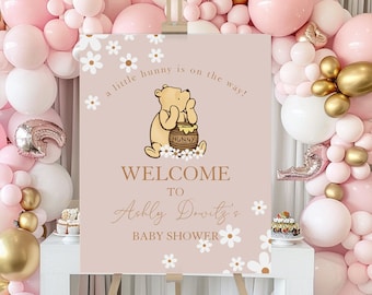 Editable Winnie The Pooh pink daisy Sign, Winnie The Pooh Baby Shower, Winnie The Pooh Welcome sign for a girl, Winnie baby shower-wd1