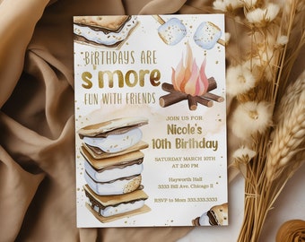 Editable S&#39;more birthday invitation, smore birthday party, Bonfire birthday invitation, Camping birthday invite- smor1