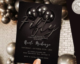 50th Birthday Invitation Editable 50th invite Black invitation, Simple Elegant For boy or girl Instant Download Printable-m7