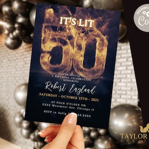 Invitación de cumpleaños número 50 editable, para hombres, Descargar invitación número 50, letras de fuego 3d, invitación de cumpleaños para adultos-m212