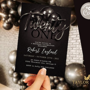 21st Birthday Invitation Editable 21st invite Black invitation, Simple Elegant For boy or girl Instant Download Printable-m1