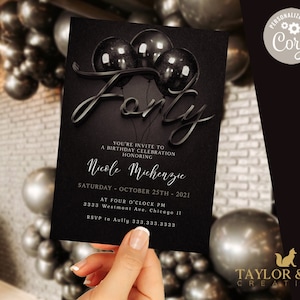 40th Birthday Invitation Editable 40th invite Black invitation, Simple Elegant For boy or girl Instant Download Printable-m6