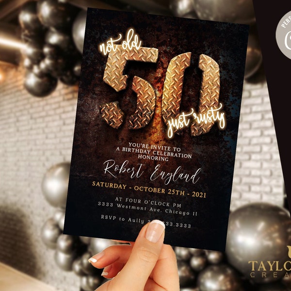 Editable 50th birthday invitation, for men, Download 50th invitation, 3d rusty letters, adult birthday invitation-m211