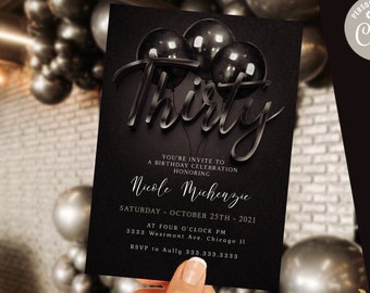 30th Birthday Invitation Editable 30th invite Black invitation, Simple Elegant For boy or girl Instant Download Printable-m5