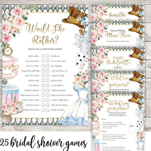 Alice in Wonderland Bridal Shower Games Bundle, Mad Hatter Tea Party Games Package, Wedding Shower Printable Games Set Instant Download