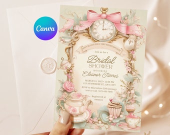 May include: A whimsical bridal shower invitation with a vintage aesthetic. The invitation features a clock with a pink bow, teacups, and cupcakes. The text reads "Don't be late for a very important date. Join us for a Bridal Shower honoring Eleanor Torres. March 13, 2022 - 12:00 PM. 123 Anywhere St, Any City. RSVP to Mia before 25th January. Text or call +123-456-7890. Registered at Amazon."