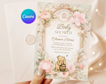 Convite para chá de bebê do Ursinho Pooh: Tema Floral Girl (Modelo Digital)