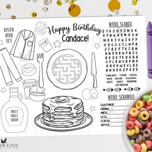 Pancakes and pajamas coloring page, pancake activity sheet, pancake birthday coloring, Coloring Placemat, Editable pancake party- pp3