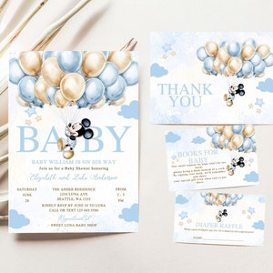 Mickey Mouse babyshower uitnodiging, babyshower uitnodiging jongen, Mickey mouse ballon babyshower uitnodiging, blauwe ballon babyshower uitnodiging