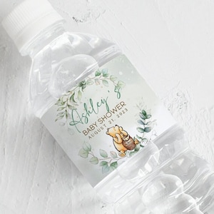 Editable Winnie The Pooh greenery water bottle label, Winnie The Pooh Baby Shower, Winnie The Pooh water label, Winnie baby shower, gr455