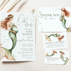 Faire-part de baby shower sirène, lot d'invitations de baby shower de sirène enceinte, invitation de baby shower sous la mer, invitation de sirène bohème-m1