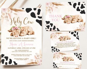 May include: A pink and white baby shower invitation with a cow illustration and the text "Holy Cow! We're having a baby girl!"  Join us for a baby shower honoring Maria A. Lemosure. Saturday, April 10th, 2025 at 4pm. The Ander Residence, 1254 Luna Ave Seattle, WA 1255. Kindly RSVP by June 10 to Luna. Call or text 1254 455 586. Registered at Sweet Luna Baby Shop.
