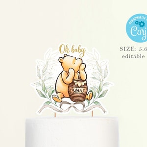 Bewerkbare Winnie de Poeh taart topper, download sjabloon Winnie de Poeh taart topper baby shower-gr455