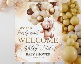 Editable Teddy bear welcome sign, Teddy bear balloon baby shower welcome sign, Bear sign baby shower- tb4