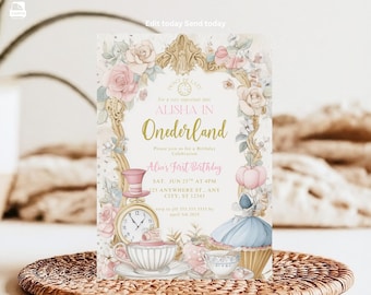 May include: A pink and gold Alice in Wonderland themed first birthday party invitation with a whimsical illustration of a tea party, a clock, and a Mad Hatter's hat. The text reads "Be a very important date, Alisha in Onederland, Please join us for a Birthday Celebration, Alie's First Birthday, Sat. Jun 25th at 4pm, 23 Anywhere St. Any City, St 12345".