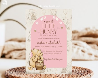 Convite para chá de bebê do Ursinho Pooh: Tema para meninas (Modelo digital)