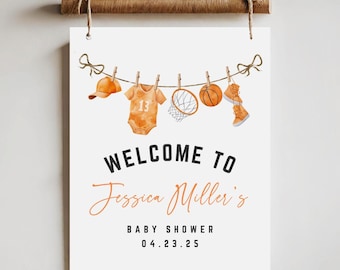 Basketball baby shower welcome sign, Clothesline basketball sign, Boy basketball baby shower, orange basketball theme welcome sign