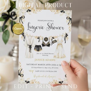 May include: A digital invitation for a lingerie shower. The invitation features illustrations of lingerie, including a robe, shorts, a bra, and a dress. The text reads "Lingerie Shower" and includes details for the event, such as the date, time, and location.