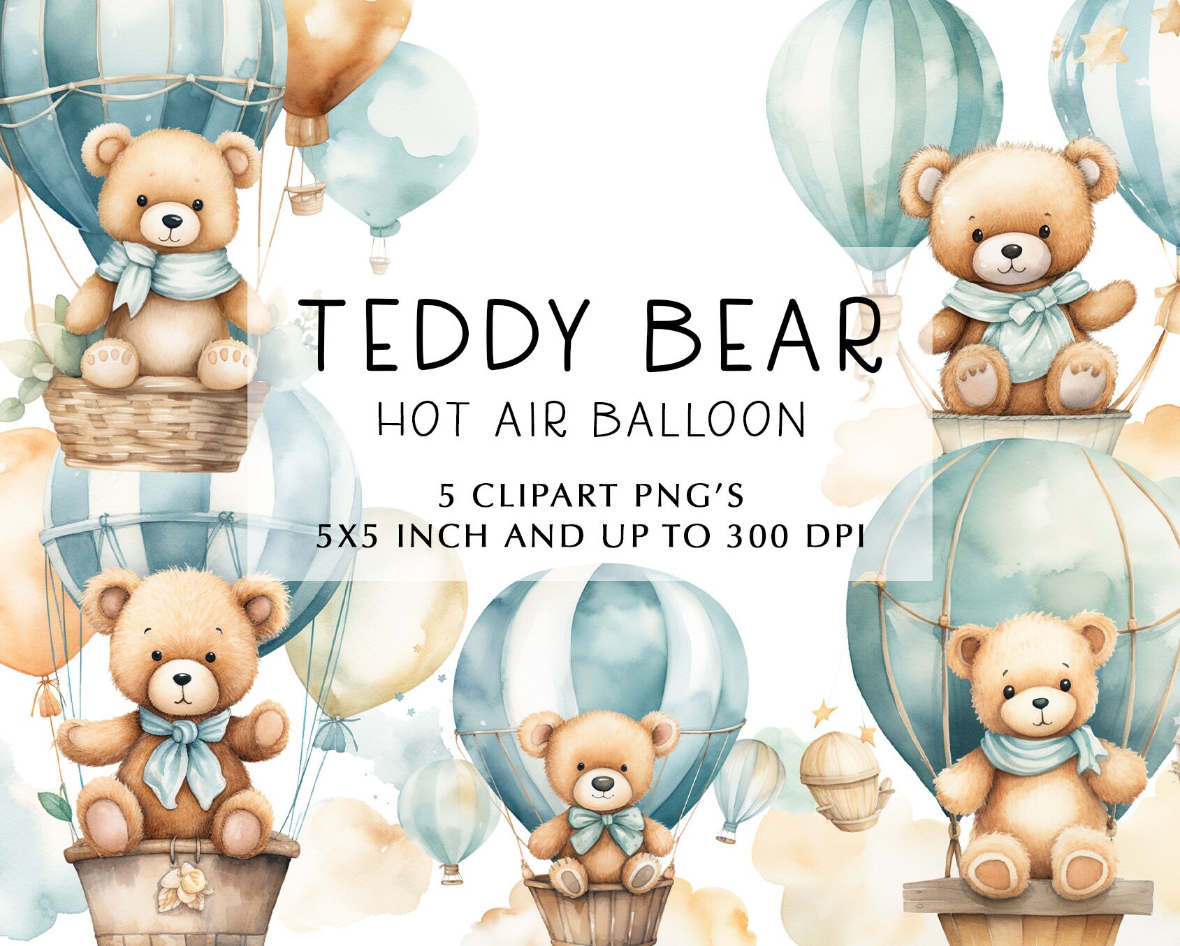Teddy Bear Hot Air Balloon Watercolor Clipart: Baby Shower PNG Set ...