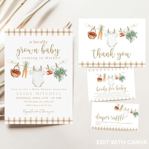 Pacchetto baby shower coltivato localmente, invito baby shower al mercato degli agricoltori, invito baby shower coltivato localmente, invito baby shower a base di verdure, invito baby-1 della fattoria del giardino