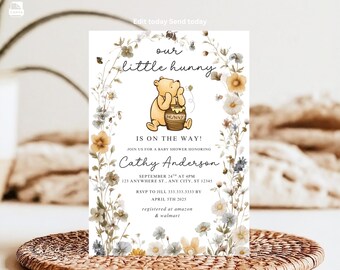 Winnie the Pooh Baby Shower Invitation: Neutral Floral Design (Digital Template)
