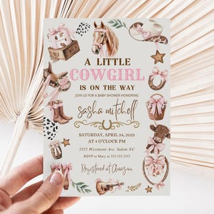 Cowgirl baby shower invitation bundle, Western pink bow invitation, cowboy baby coquette invitation, baby shower, Girl baby shower-cw5