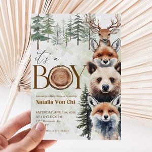 Woodland Boy Baby Shower Invitation, Forest Animals, Forest animal baby shower invitation, Hunter outdoor baby shower invitation-1