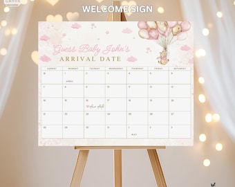 Winnie the Pooh Due Date Calendar: Pink Balloon Baby Shower (Digital)