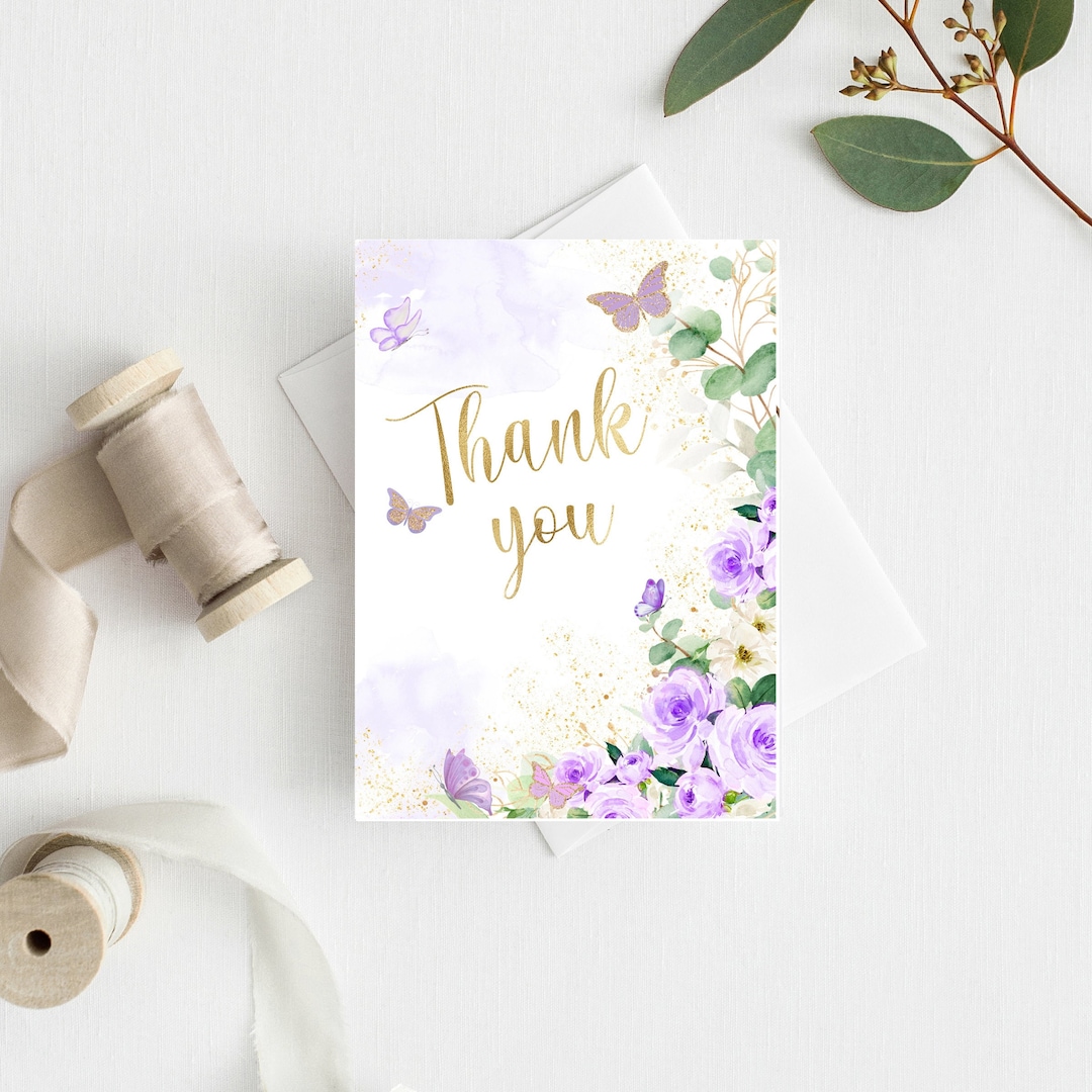 Editable Butterfly Baby Shower Thank You Card Purple Etsy