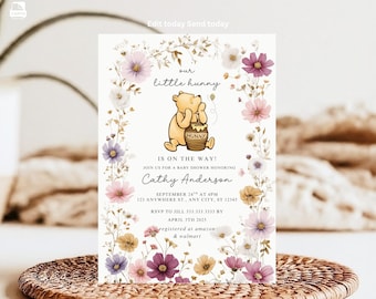 Convite para chá de bebê do Ursinho Pooh: Tema Floral Girl (Modelo Digital)