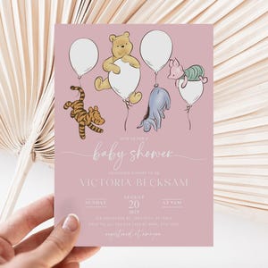 Winnie The Pooh Einladung, Winnie The Pooh Babypartyeinladungen, Winnie The Pooh Einladungen rosa neutral, Winnie Pooh Babypartyeinladung-gn7