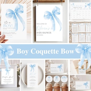 Blue Bow Baby Shower Invitation Template Printable, Baby Boy, Blue Coquette Baby Shower Invite, Baby Shower Invitation Boy Coquette Bow-cb1