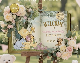 Pink Winnie the Pooh Baby Shower  Open book Welcome Sign (Digital Template)-124