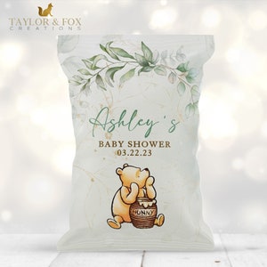 Editable Winnie The Pooh boy Chip bag Winnie The Pooh Baby Shower, Winnie The Pooh Chip bag Greenery Winnie baby shower, gr455